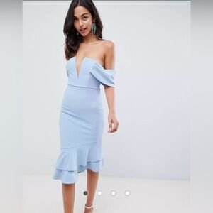 (ASOS) V Bar Textured Midi Bodycon Pephem Dress in Blue